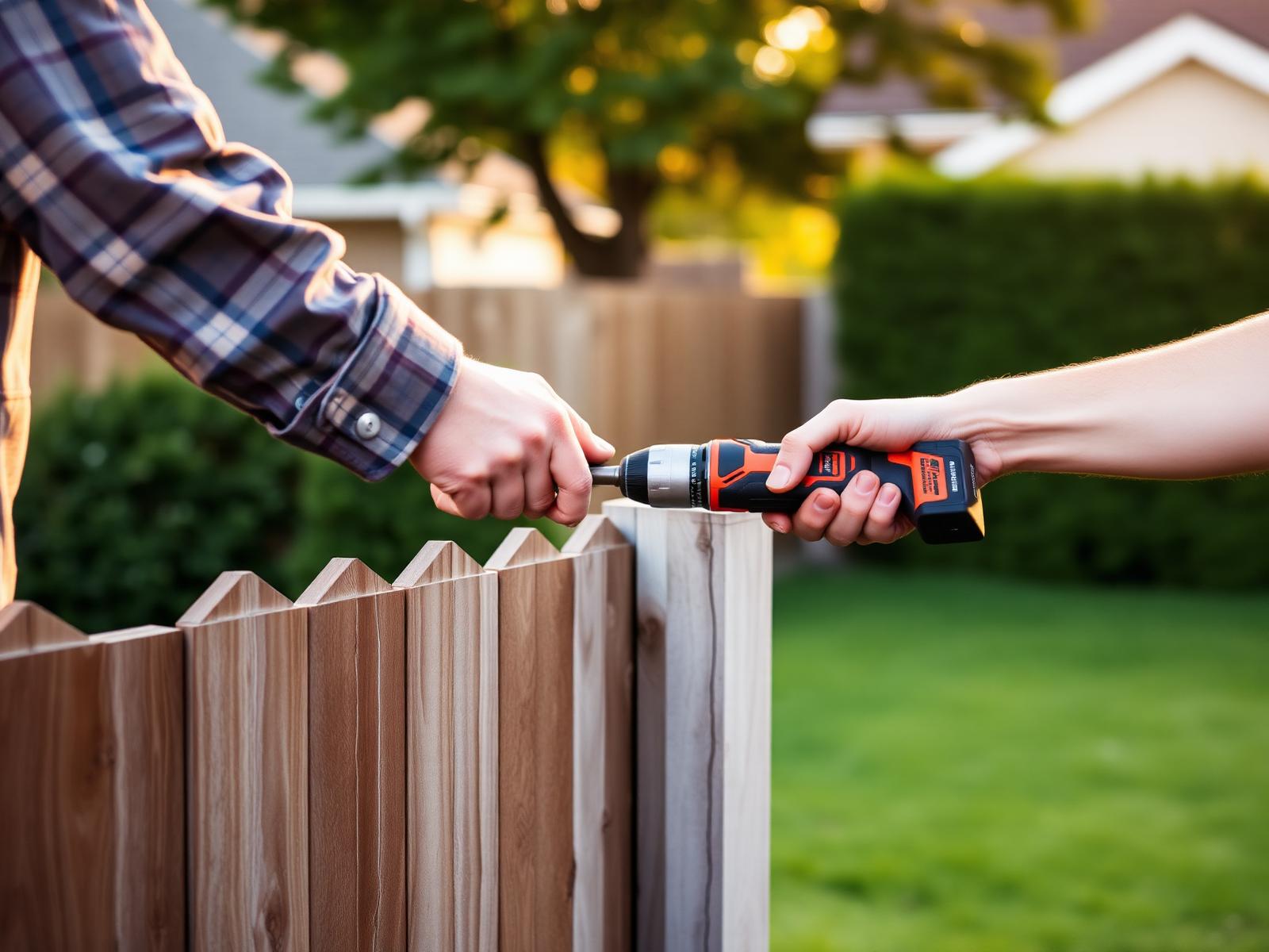 A neighbor handing a cordless drill over a garden fence to another neighbor at golden hour.